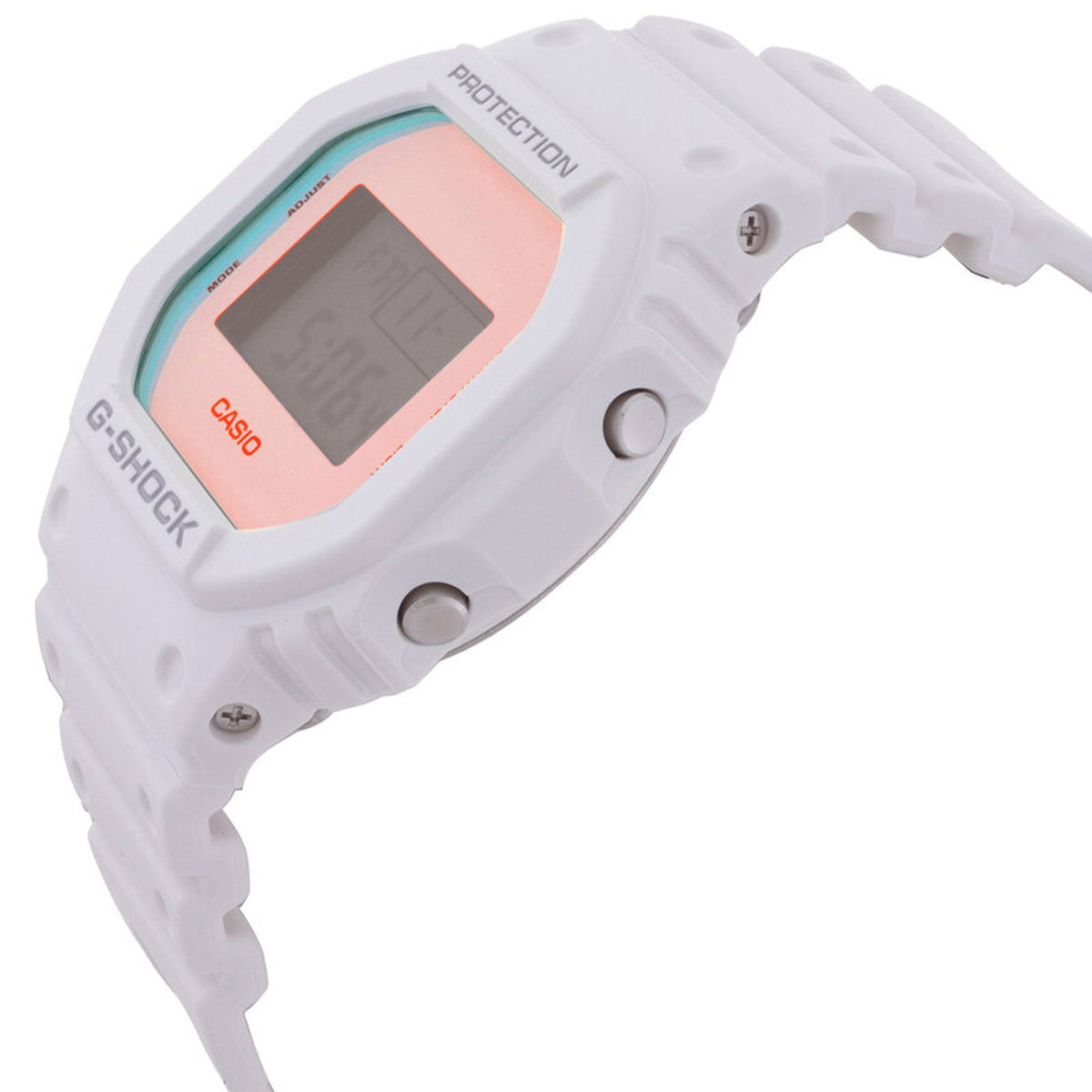 Casio G-Shock DW-5600TL-7 men’s digital watch with a white side profile, exposed metal push buttons, iridescent color-shifting dial, and matching white resin strap.