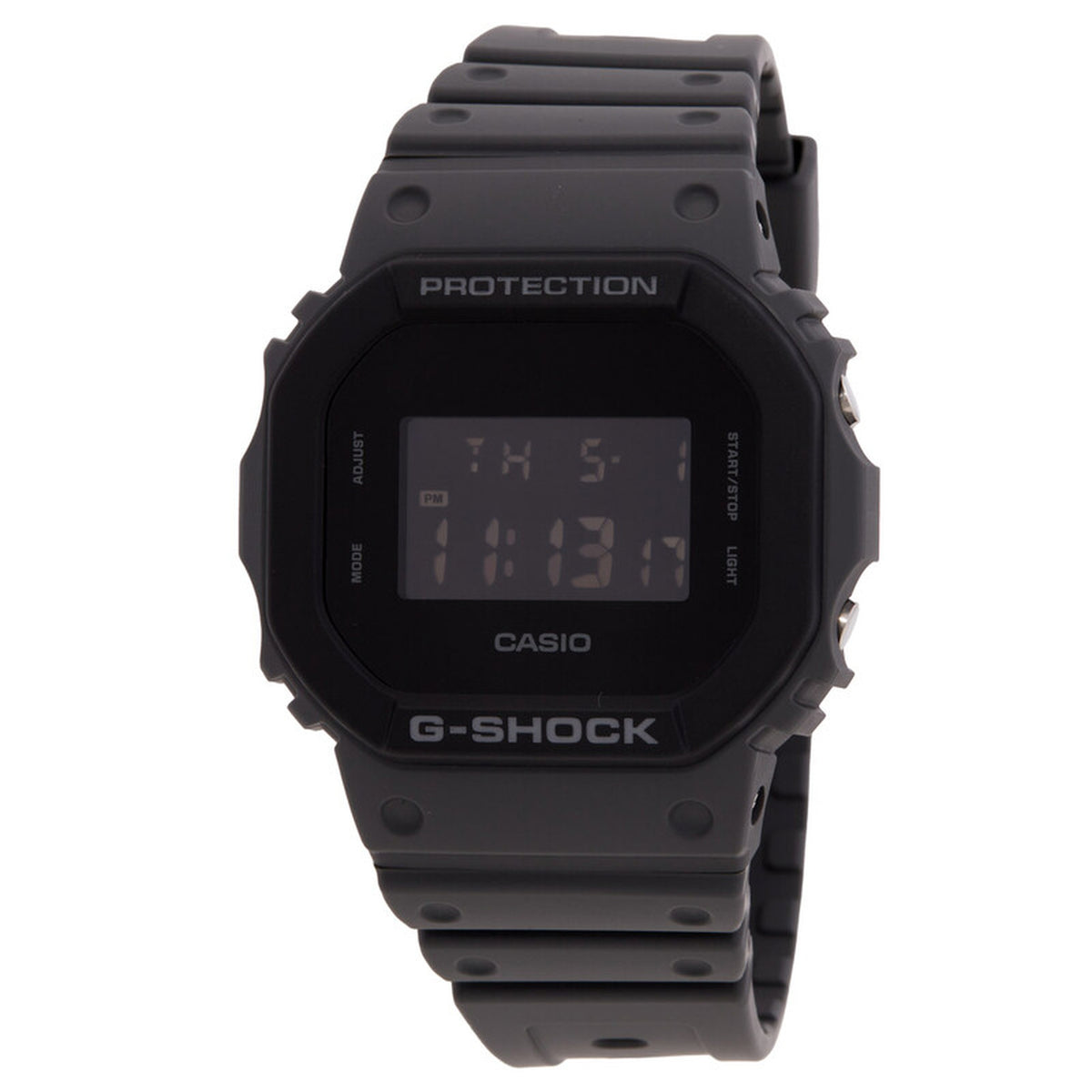 Casio G-Shock DW-5610UU-8DR men’s digital watch with a dark gray resin case and strap, square negative digital display, and tonal black G-Shock bezel details.