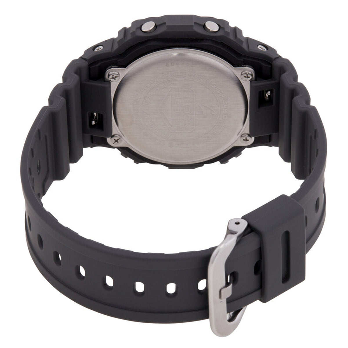 Casio G-Shock DW-5610UU-8DR men’s digital watch with a stainless steel caseback, dark gray resin strap, visible rear screws, and a metal buckle.