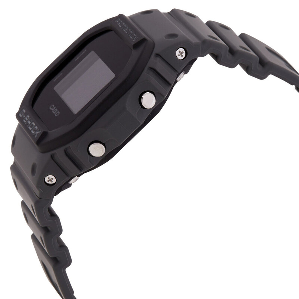 Casio G-Shock DW-5610UU-8DR men’s digital watch with a dark gray resin side profile, exposed metal push buttons, visible screws, and a matching gray resin strap.