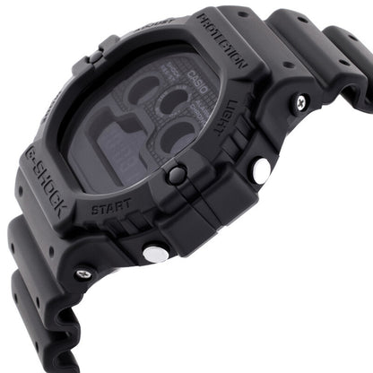 Casio G-Shock DW-5900UBB-1DR men's digital sport watch angled side view highlighting the textured black resin case and pushers