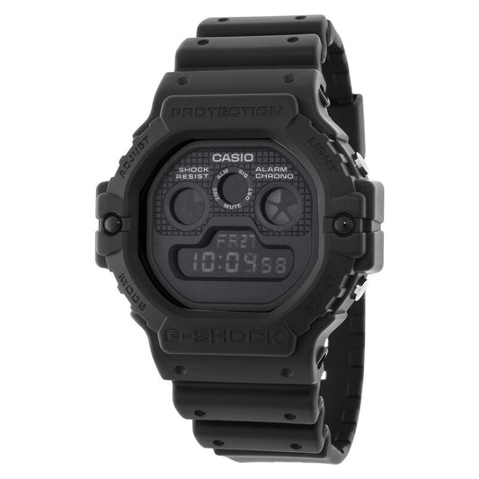 Casio G-Shock DW-5900UBB-1DR men's digital watch front studio shot featuring an all-black design with triple indicator dials and structured resin strap