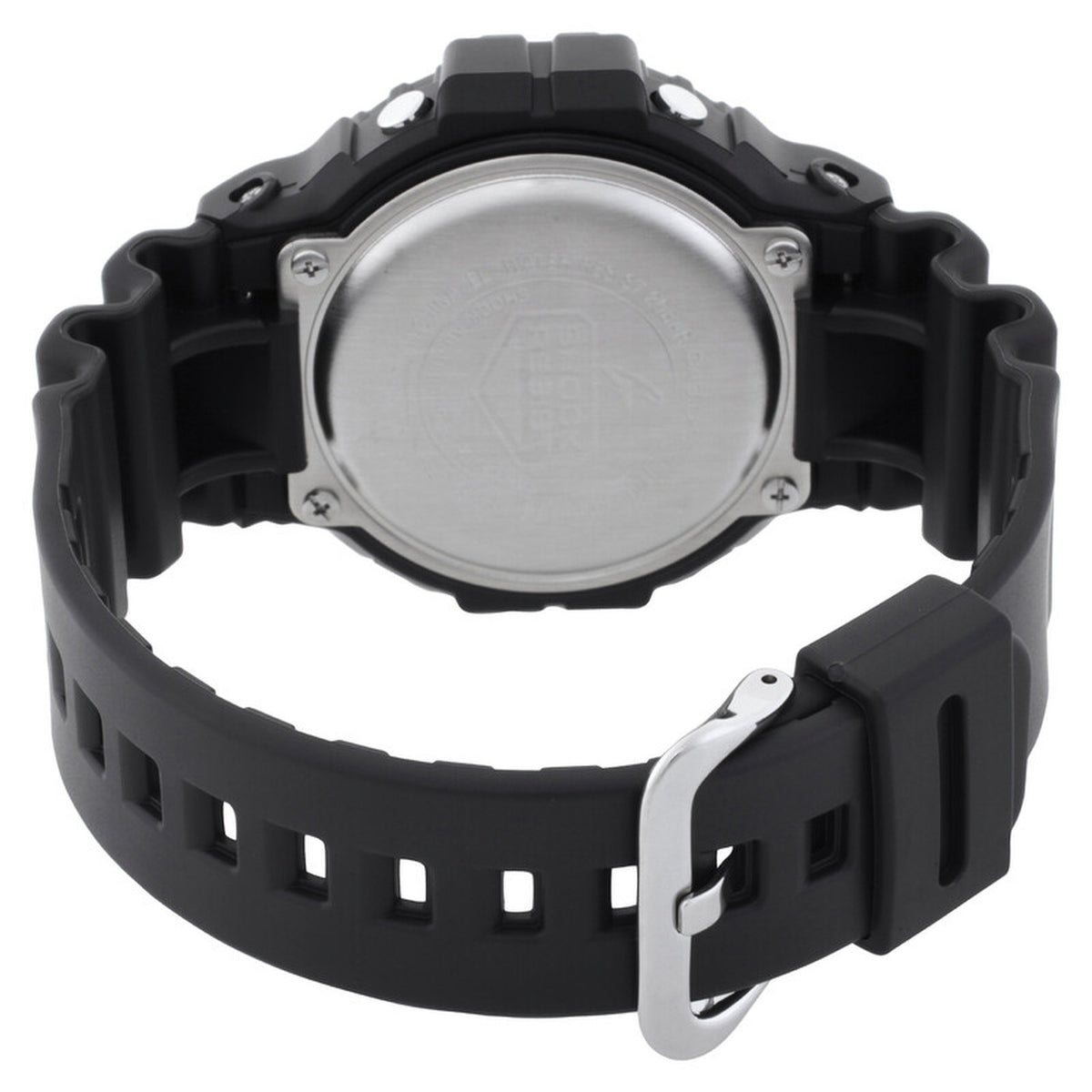 Casio G-Shock DW-5900UBB-1DR men's sport watch featuring a stainless steel caseback, black resin strap, and metal buckle