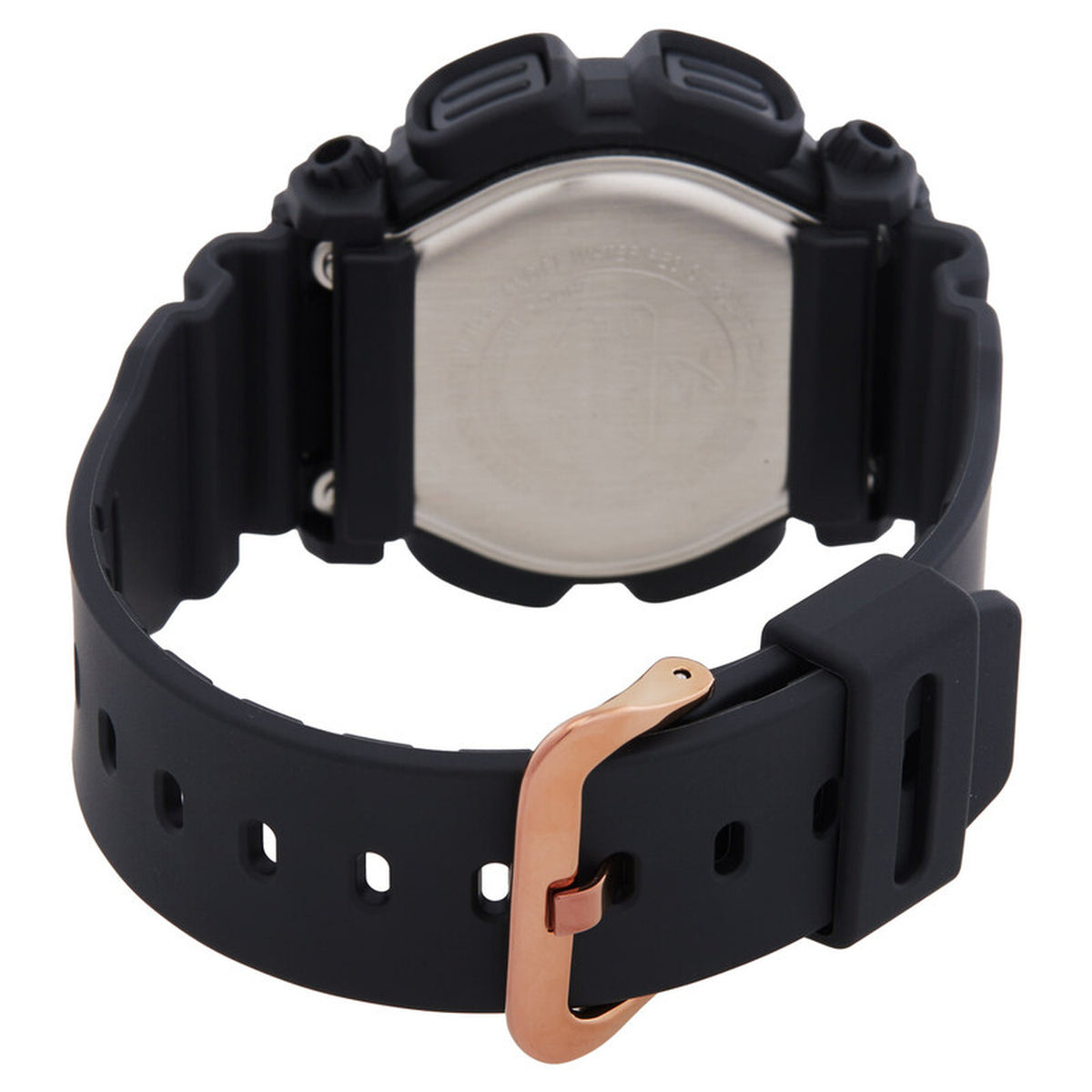 Casio G-Shock DW-9052GBX-1A4DR men's digital watch showing the stainless steel case back and black resin strap with a rose gold-tone pin buckle.