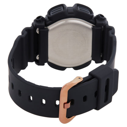 Casio G-Shock DW-9052GBX-1A4DR men's digital watch showing the stainless steel case back and black resin strap with a rose gold-tone pin buckle.