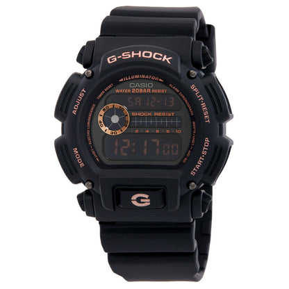 Casio G-Shock DW-9052GBX-1A4DR men's digital watch featuring a black dial with rose gold-tone accents, multifunction digital display, and black resin strap.