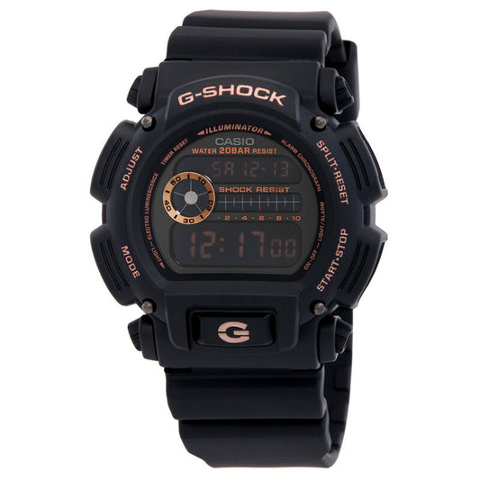 Casio G-Shock DW-9052GBX-1A4DR men's digital watch featuring a black dial with rose gold-tone accents, multifunction digital display, and black resin strap.
