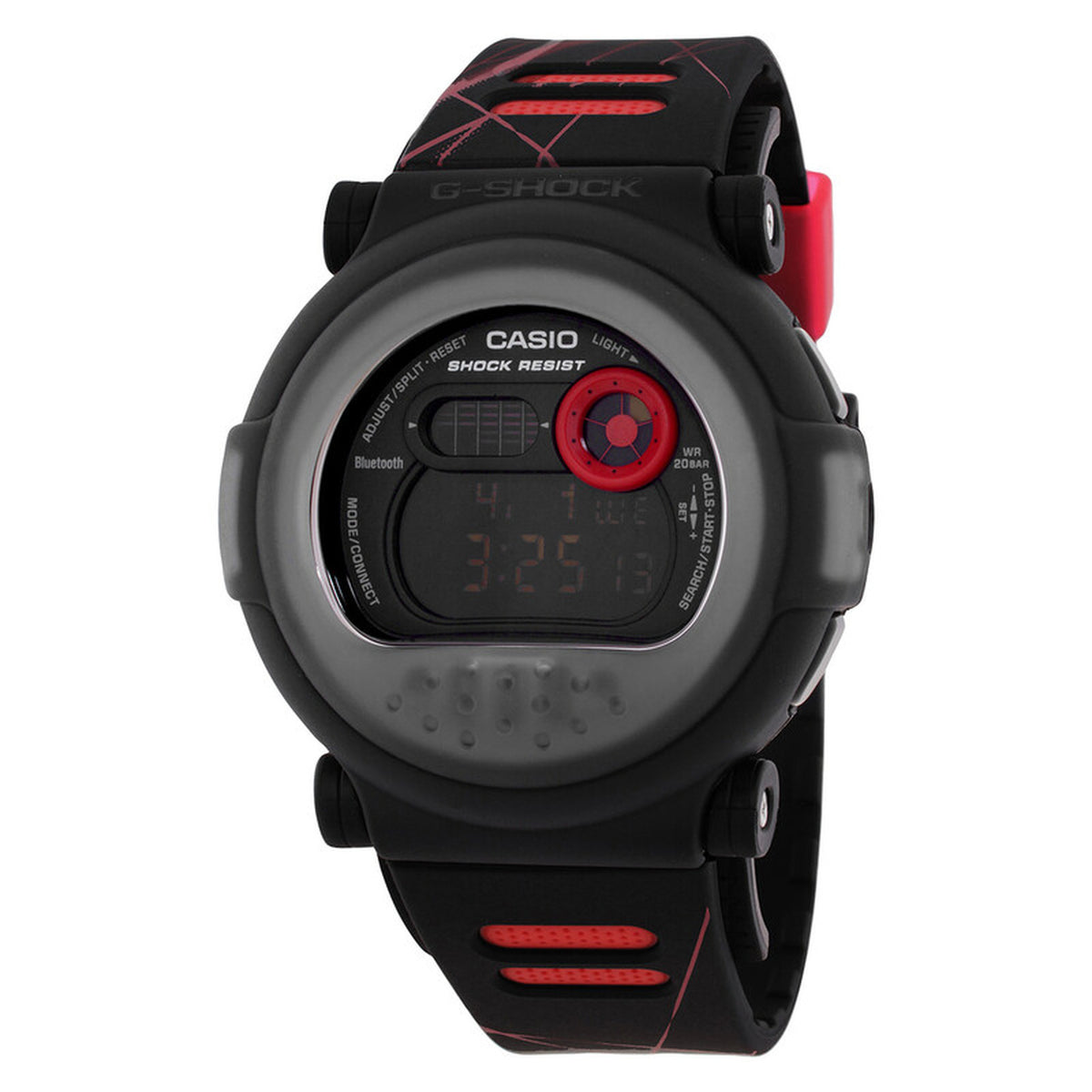 Casio G-Shock G-B001MVA-1DR men’s digital watch with a black rounded case, negative digital display, red accent details, and a black strap with red decorative elements.