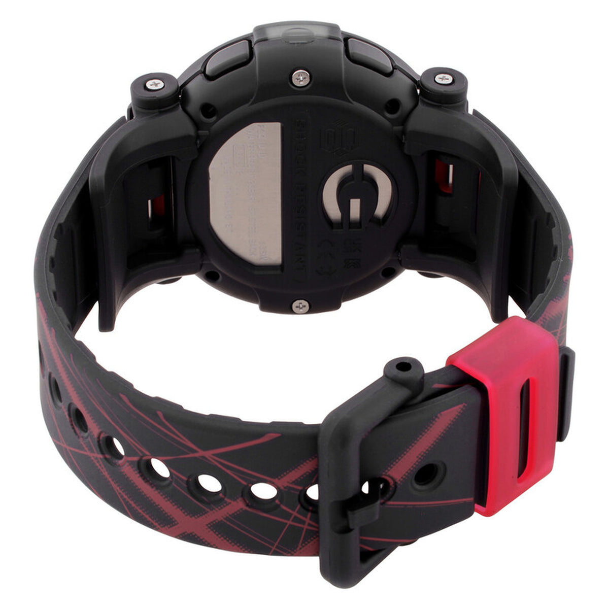 Casio G-Shock G-B001MVA-1DR men’s digital watch with a black rear case, black strap with red graphic accents, black buckle, red keeper, and visible case screws.