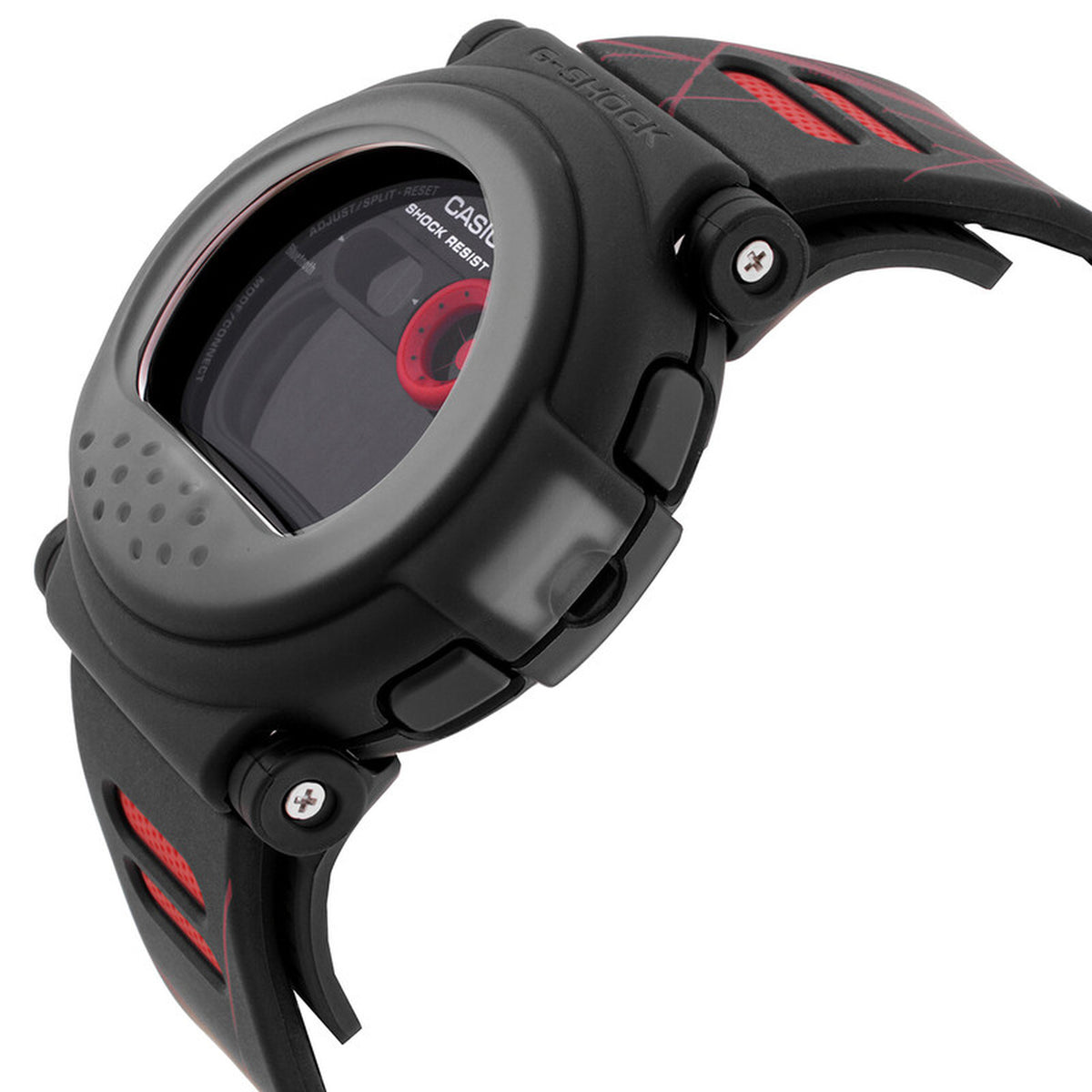 Casio G-Shock G-B001MVA-1DR men’s digital watch with a black rounded side profile, exposed push buttons, visible screws, red dial accent, and black strap with red detailing.