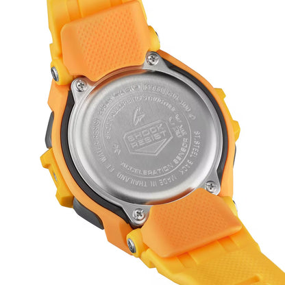 Casio G-Shock G-Squad GBD-300-9DR men’s digital sport watch with an engraved stainless steel caseback, orange strap, black rear accents, and visible case screws.