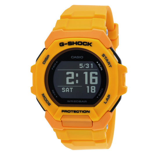 Casio G-Shock G-Squad GBD-300-9DR men’s digital sport watch with a bright orange case and strap, black bezel, and high-contrast rectangular digital display.