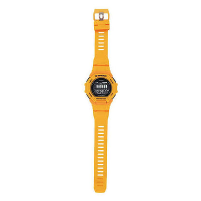 Casio G-Shock G-Squad GBD-300-9DR men’s digital sport watch with a full-length orange strap, black digital display, and matching orange case shown from the front.