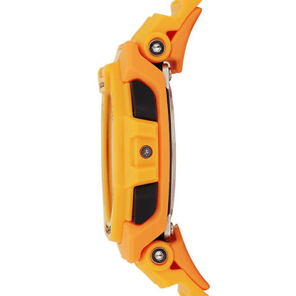 Casio G-Shock G-Squad GBD-300-9DR men’s digital sport watch with a full orange side profile, black protective side guards, visible screws, and the stainless steel caseback edge.