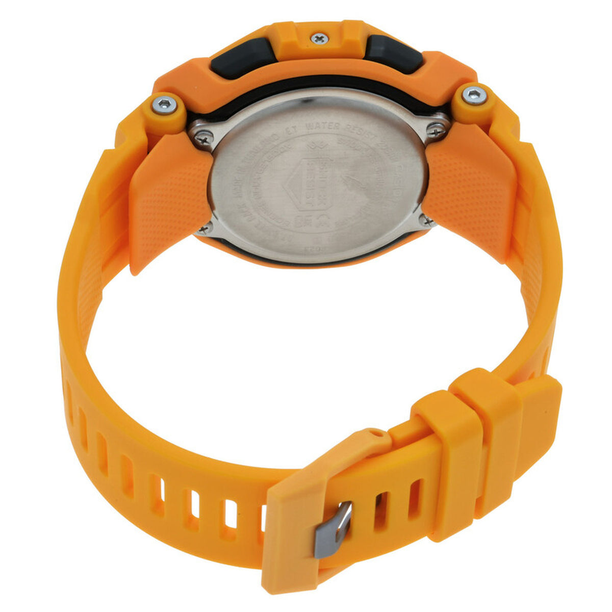 Casio G-Shock G-Squad GBD-300-9DR men’s digital sport watch with a stainless steel caseback, bright orange strap, black rear case accents, visible screws, and matching buckle.