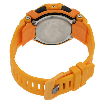 Casio G-Shock G-Squad GBD-300-9DR men’s digital sport watch with a stainless steel caseback, bright orange strap, black rear case accents, visible screws, and matching buckle.