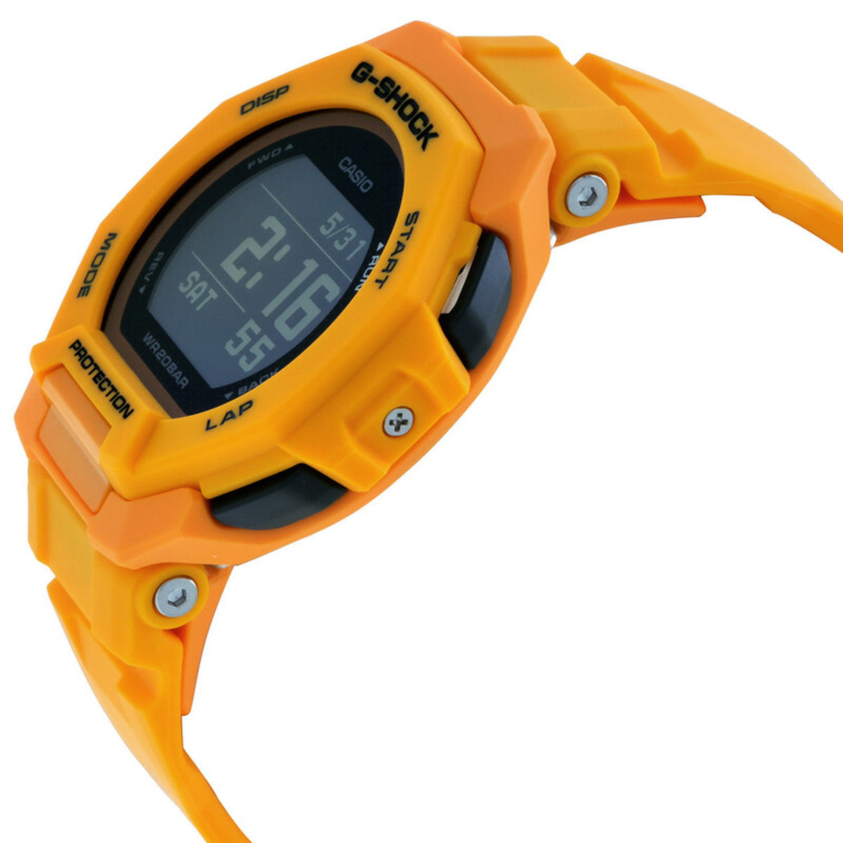 Casio G-Shock G-Squad GBD-300-9DR men’s digital sport watch with a bright orange side profile, black push buttons, visible screws, and a high-contrast digital display.