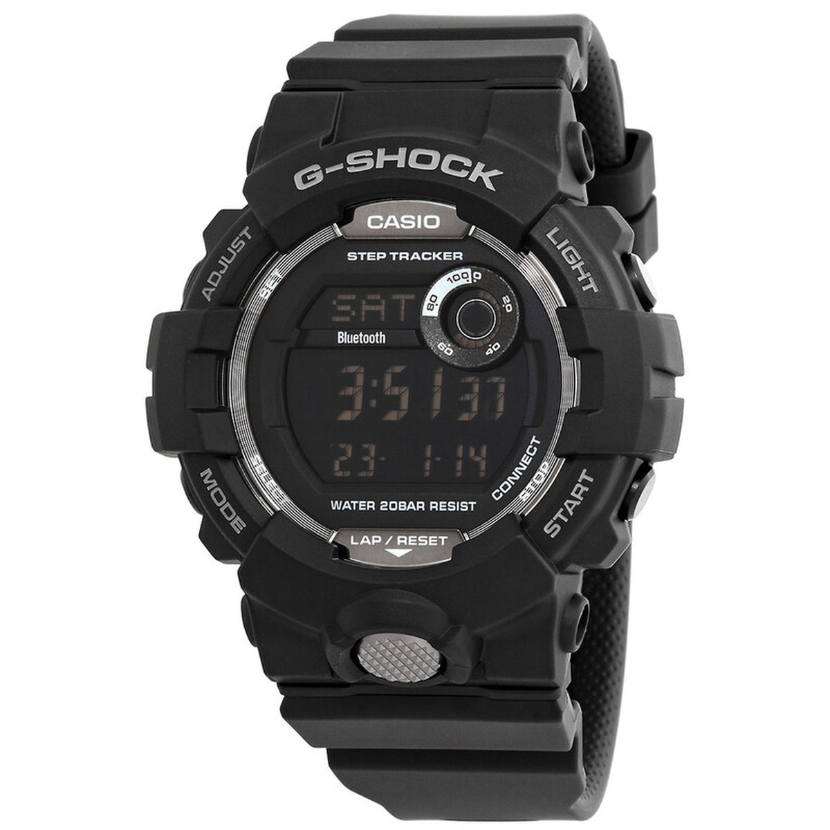 Casio G-Shock G-Squad GBD-800-1B men’s digital sport watch with a black case and strap, negative digital display, metallic bezel accents, and step tracker subdial.