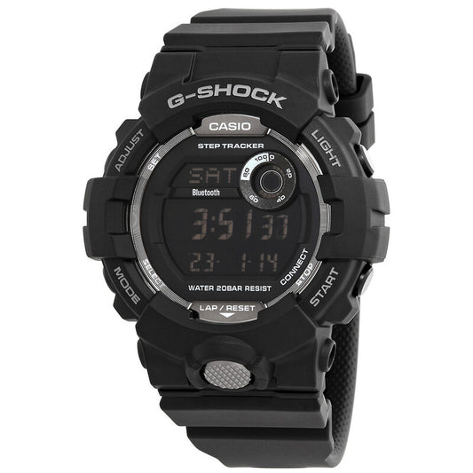 Casio G-Shock G-Squad GBD-800-1B men’s digital sport watch with a black case and strap, negative digital display, metallic bezel accents, and step tracker subdial.