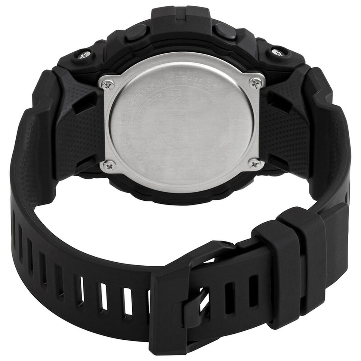 Casio G-Shock G-Squad GBD-800-1B men’s digital sport watch with a stainless steel caseback, black resin strap, black buckle, and visible rear screws.