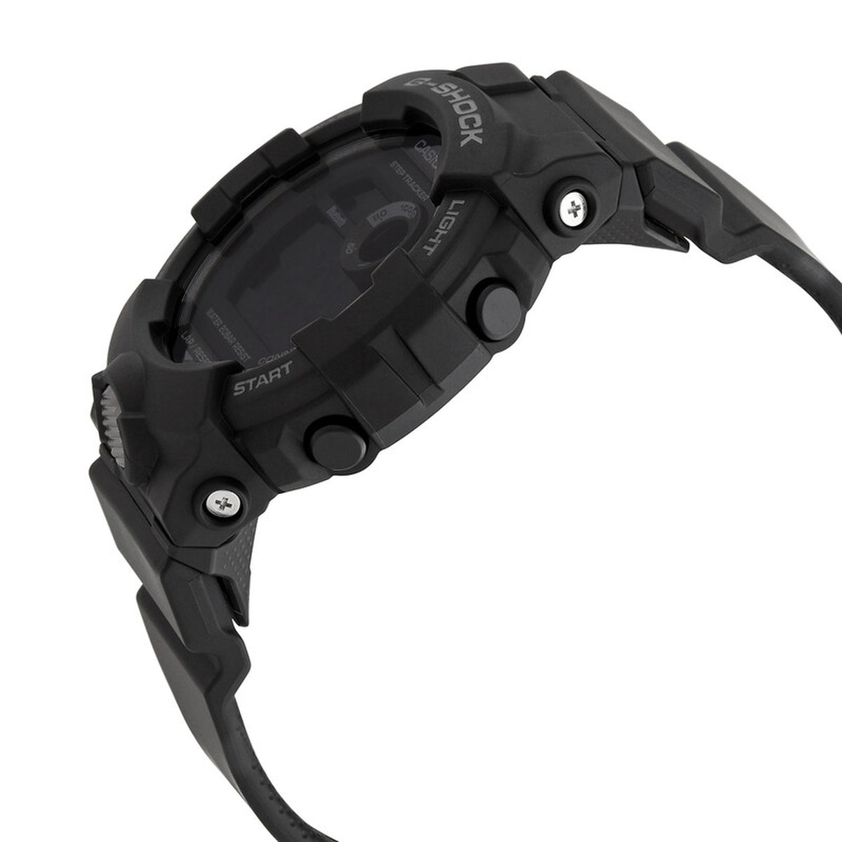 Casio G-Shock G-Squad GBD-800-1B men’s digital sport watch with a black side profile, exposed push buttons, visible case screws, and a matching black resin strap.