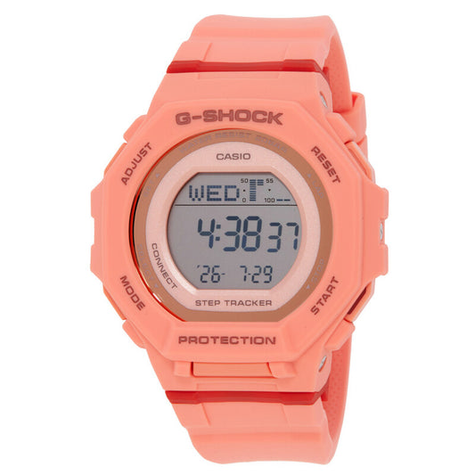 Casio G-Shock G-Squad GMD-B300SC-4DR women’s digital sport watch with a coral-tone case and strap, round digital display, and contrasting red accent details.