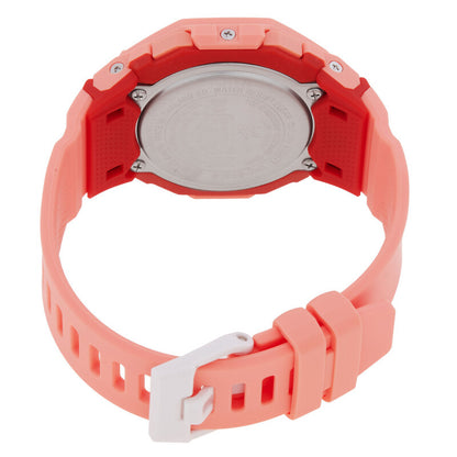 Casio G-Shock G-Squad GMD-B300SC-4DR women’s digital sport watch with a stainless steel caseback, coral-tone strap, red rear accents, visible screws, and a contrasting white buckle.
