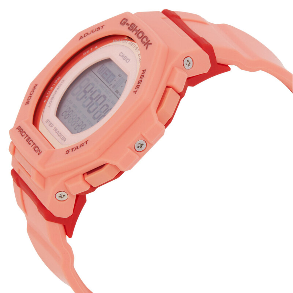 Casio G-Shock G-Squad GMD-B300SC-4DR women’s digital sport watch with a coral-tone side profile, exposed push buttons, visible screws, red accent details, and matching coral strap.