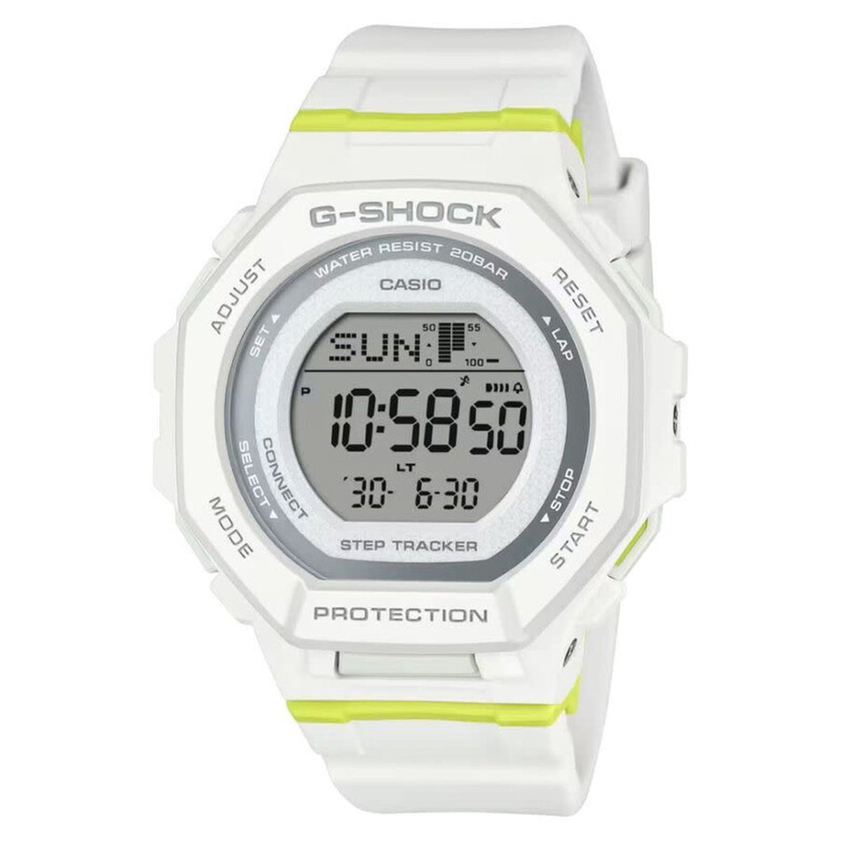 Casio G-Shock G-Squad GMD-B300SC-7 with digital LCD display, white resin case and strap, gray bezel accents, and lime green details around the case and band.