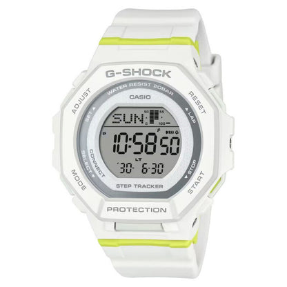 Casio G-Shock G-Squad GMD-B300SC-7 with digital LCD display, white resin case and strap, gray bezel accents, and lime green details around the case and band.