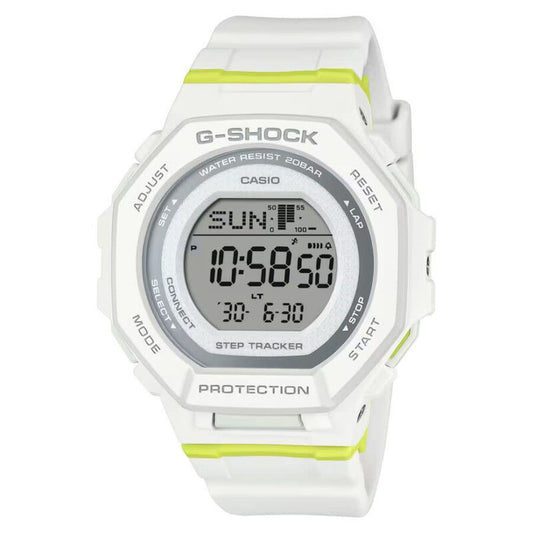Casio G-Shock G-Squad GMD-B300SC-7 with digital LCD display, white resin case and strap, gray bezel accents, and lime green details around the case and band.