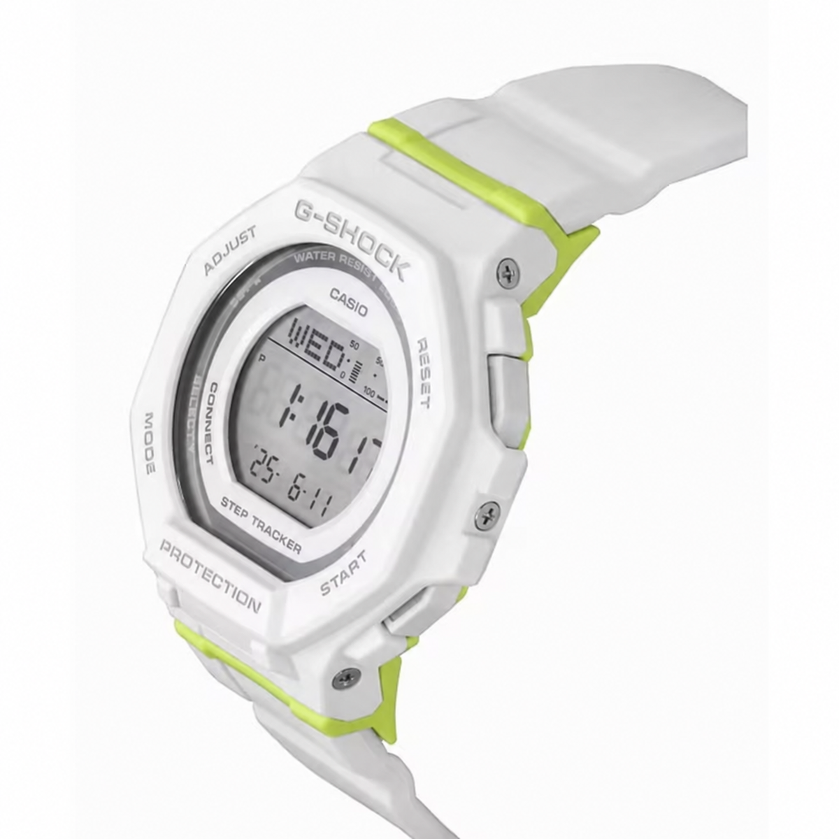 Casio G-Shock G-Squad GMD-B300SC-7 with digital LCD display, white resin case and strap, side control buttons, exposed screws, and lime green accents around the case and band.