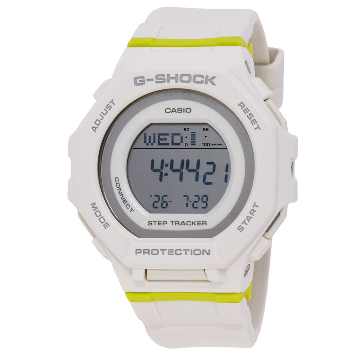 Casio G-Shock G-Squad GMD-B300SC-7DR women’s digital sport watch with a white case and strap, round digital display, and bright lime accents around the bezel and band.
