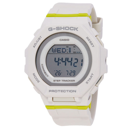 Casio G-Shock G-Squad GMD-B300SC-7DR women’s digital sport watch with a white case and strap, round digital display, and bright lime accents around the bezel and band.