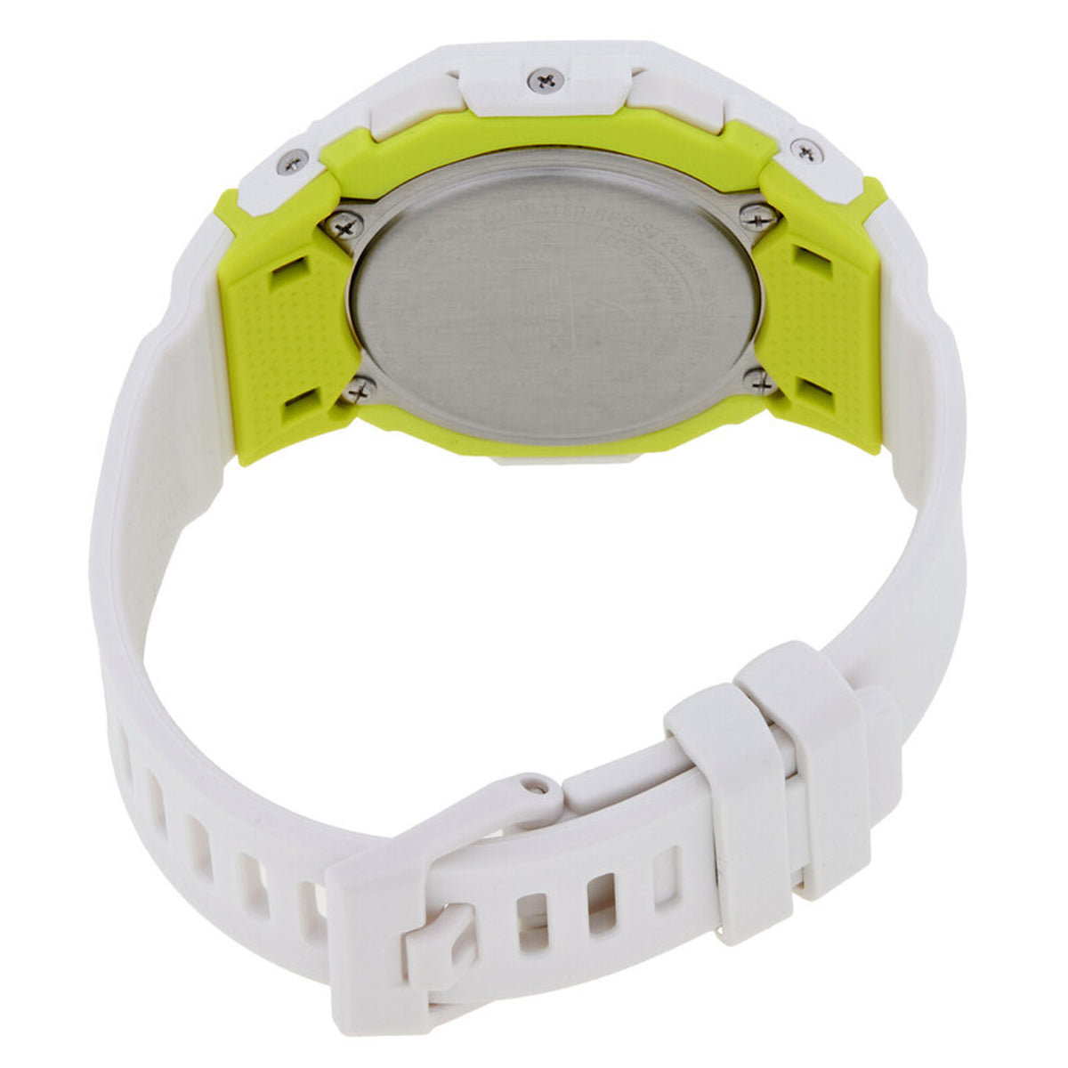 Casio G-Shock G-Squad GMD-B300SC-7DR women’s digital sport watch with a stainless steel caseback, white strap and buckle, visible rear screws, and bright lime accents around the back of the case.