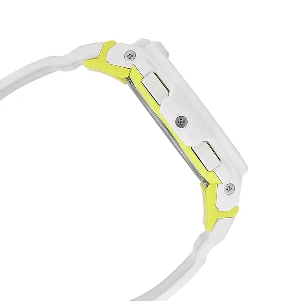 Casio G-Shock G-Squad GMD-B300SC-7DR women’s digital sport watch with a slim white side profile, rectangular push buttons, visible screws, and lime accent details around the case.