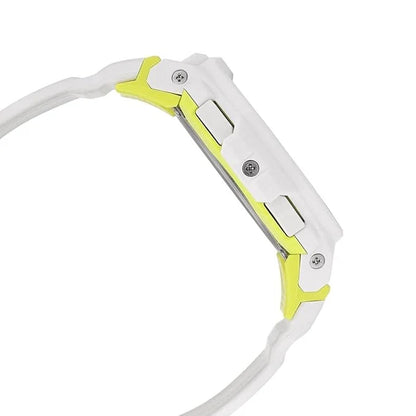 Casio G-Shock G-Squad GMD-B300SC-7DR women’s digital sport watch with a slim white side profile, rectangular push buttons, visible screws, and lime accent details around the case.