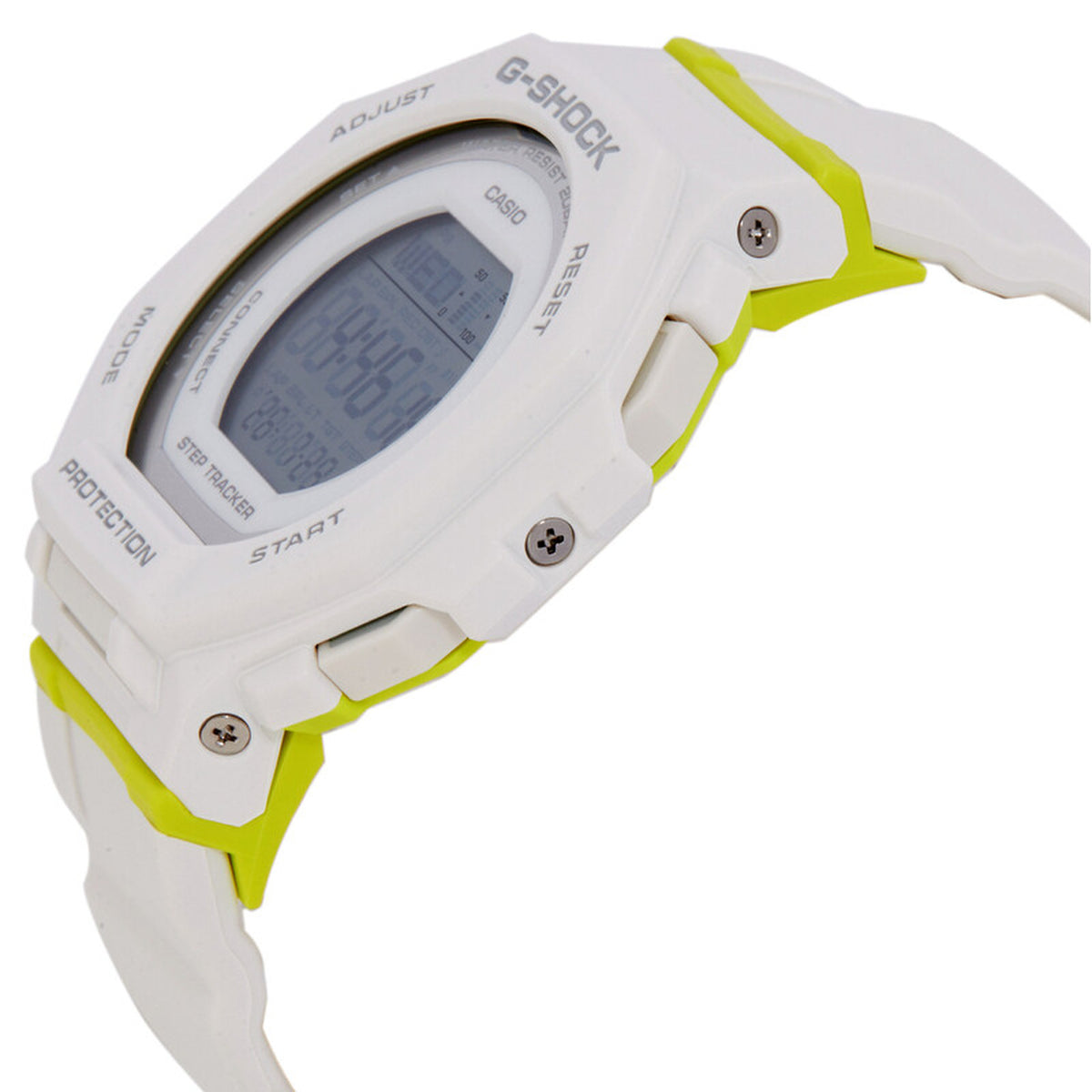 Casio G-Shock G-Squad GMD-B300SC-7DR women’s digital sport watch with a white case, visible side buttons and screws, lime accent details, and matching white strap.