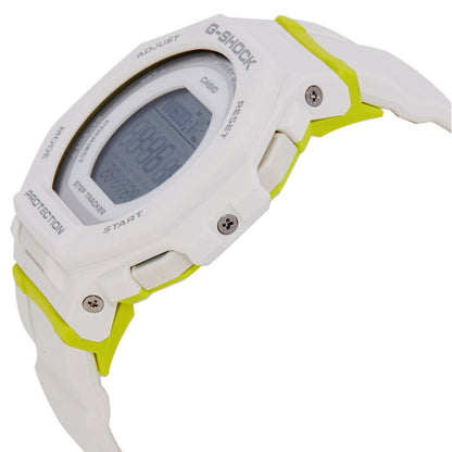 Casio G-Shock G-Squad GMD-B300SC-7DR women’s digital sport watch with a white case, visible side buttons and screws, lime accent details, and matching white strap.