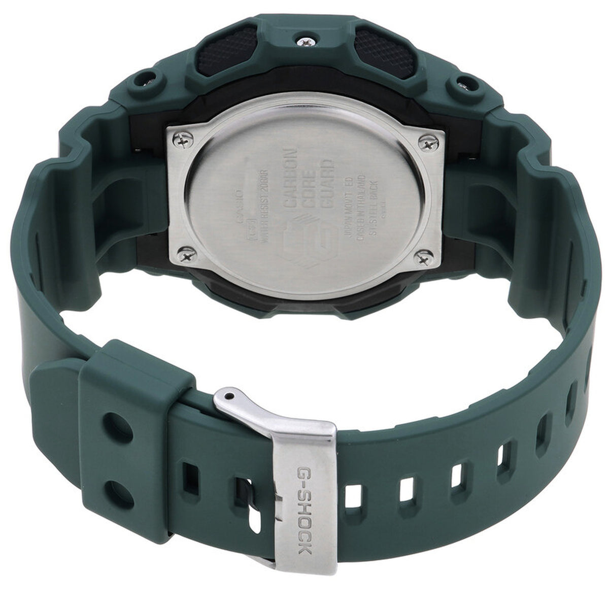 Casio G-Shock GA-010-2A with an engraved silver-tone caseback, exposed screws, dark green resin strap, and metal buckle closure.