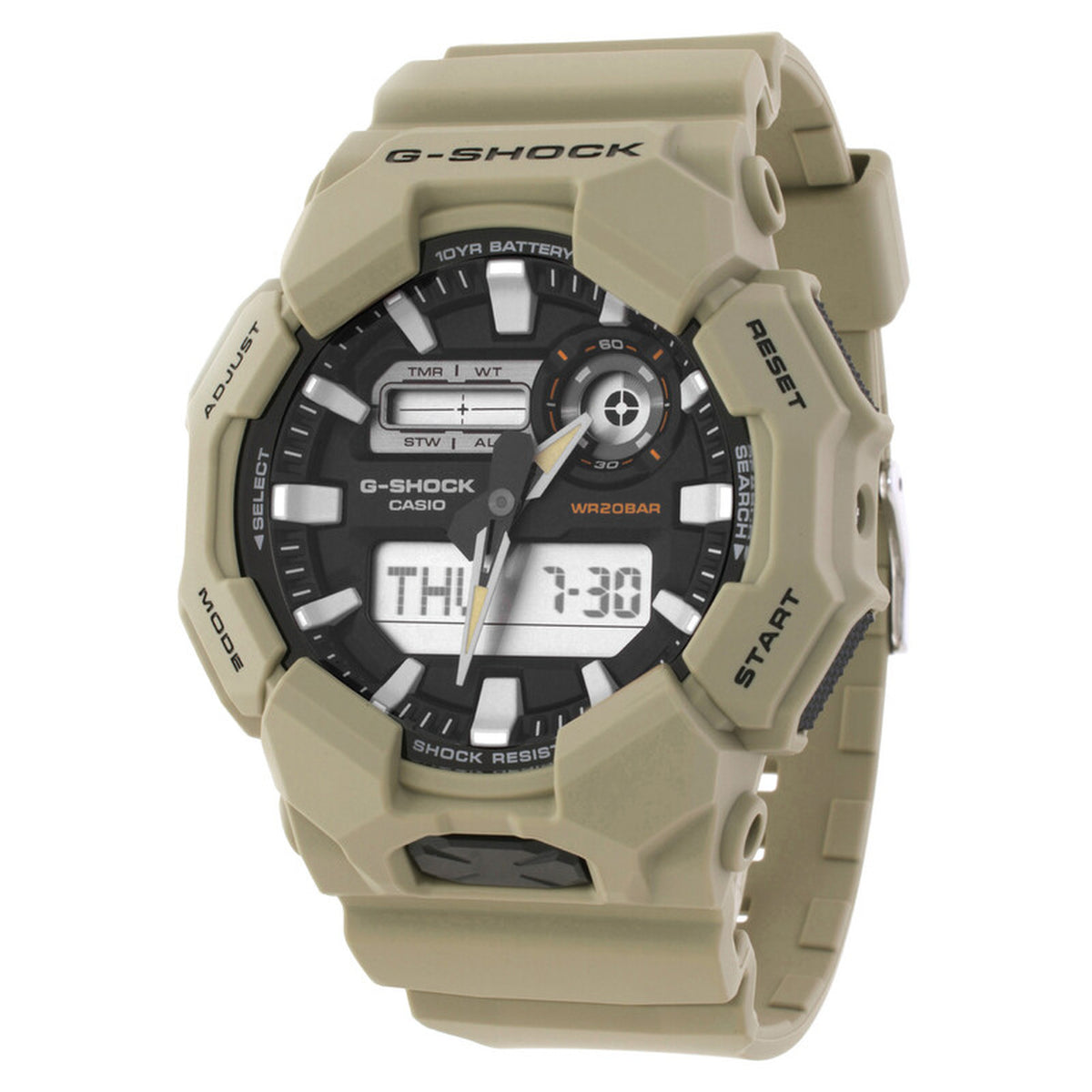 Casio G-Shock GA-010-5A men’s ana-digi watch with a black dial, dual digital displays, orange accents, rugged beige case, and matching beige resin strap.