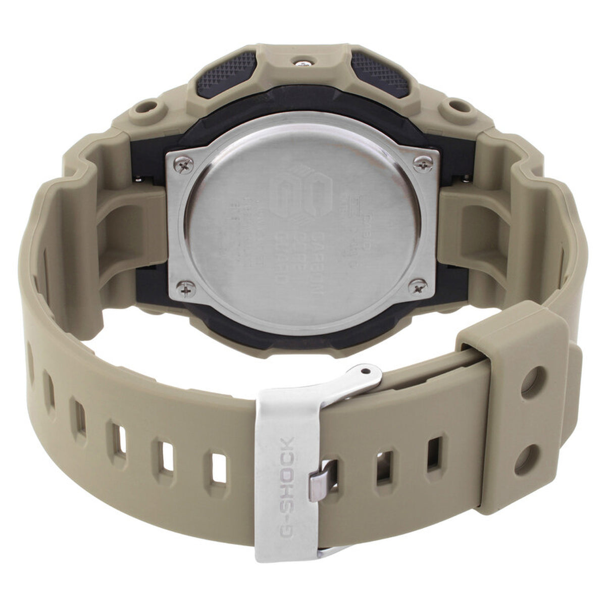 Casio G-Shock GA-010-5A from the rear with a metal caseback, rugged beige resin strap, multiple adjustment holes, and silver-tone G-Shock buckle.