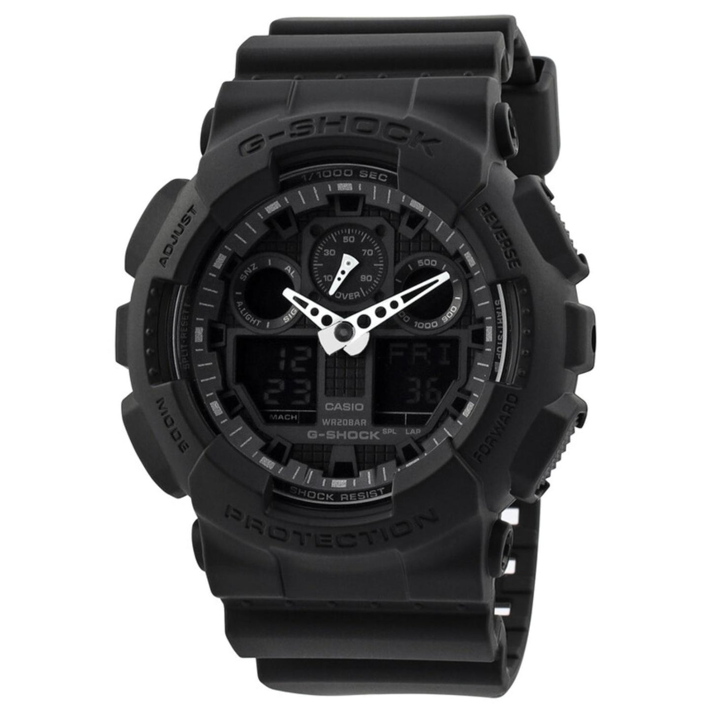 Casio G-Shock GA-100-1A1 analog-digital watch featuring an all-black dial, shock-resistant resin case, resin strap, LED digital displays, and oversized sport design.