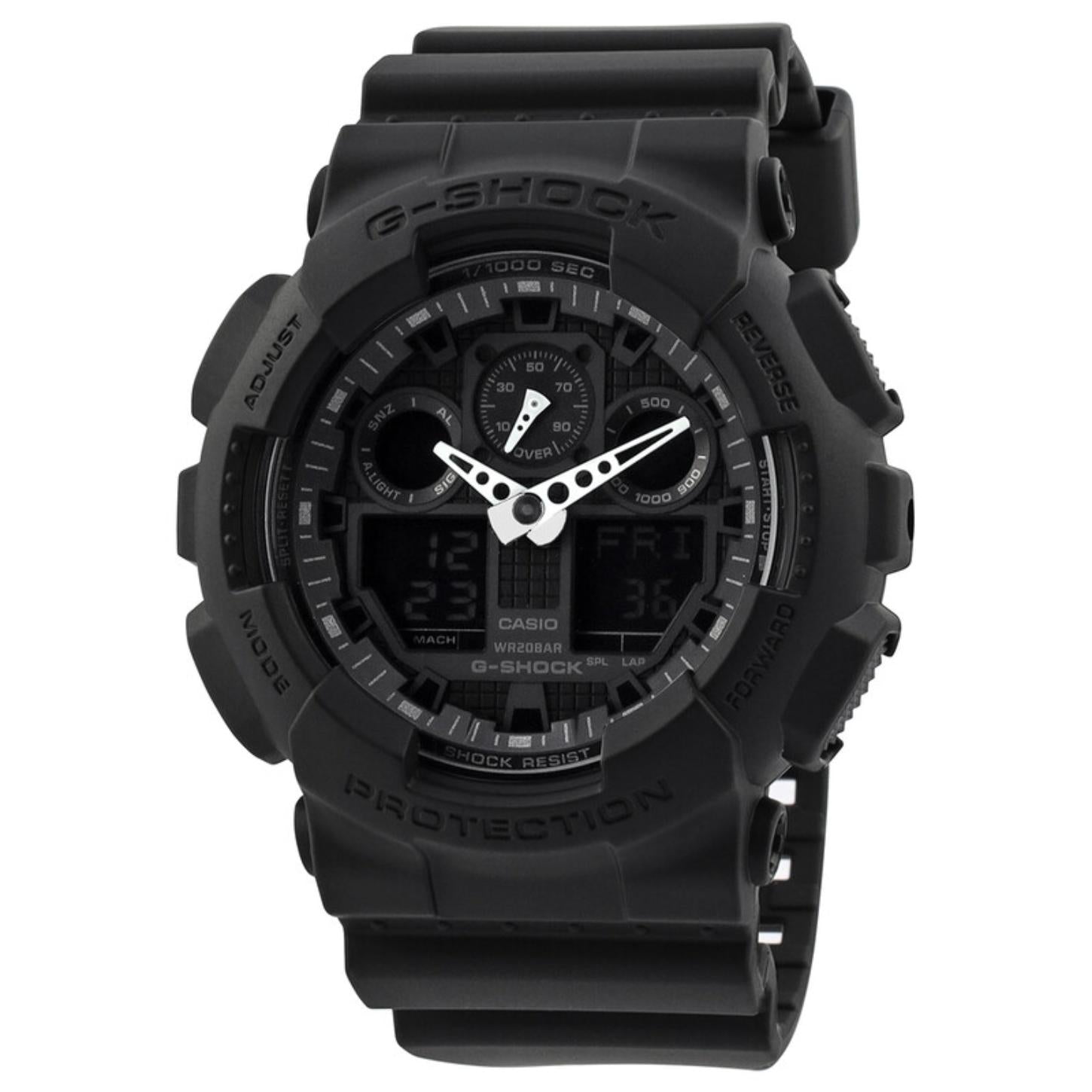 Casio G-Shock GA-100-1A1 analog-digital watch featuring an all-black dial, shock-resistant resin case, resin strap, LED digital displays, and oversized sport design.