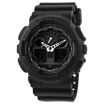 Casio G-Shock GA-100-1A1 analog-digital watch featuring an all-black dial, shock-resistant resin case, resin strap, LED digital displays, and oversized sport design.