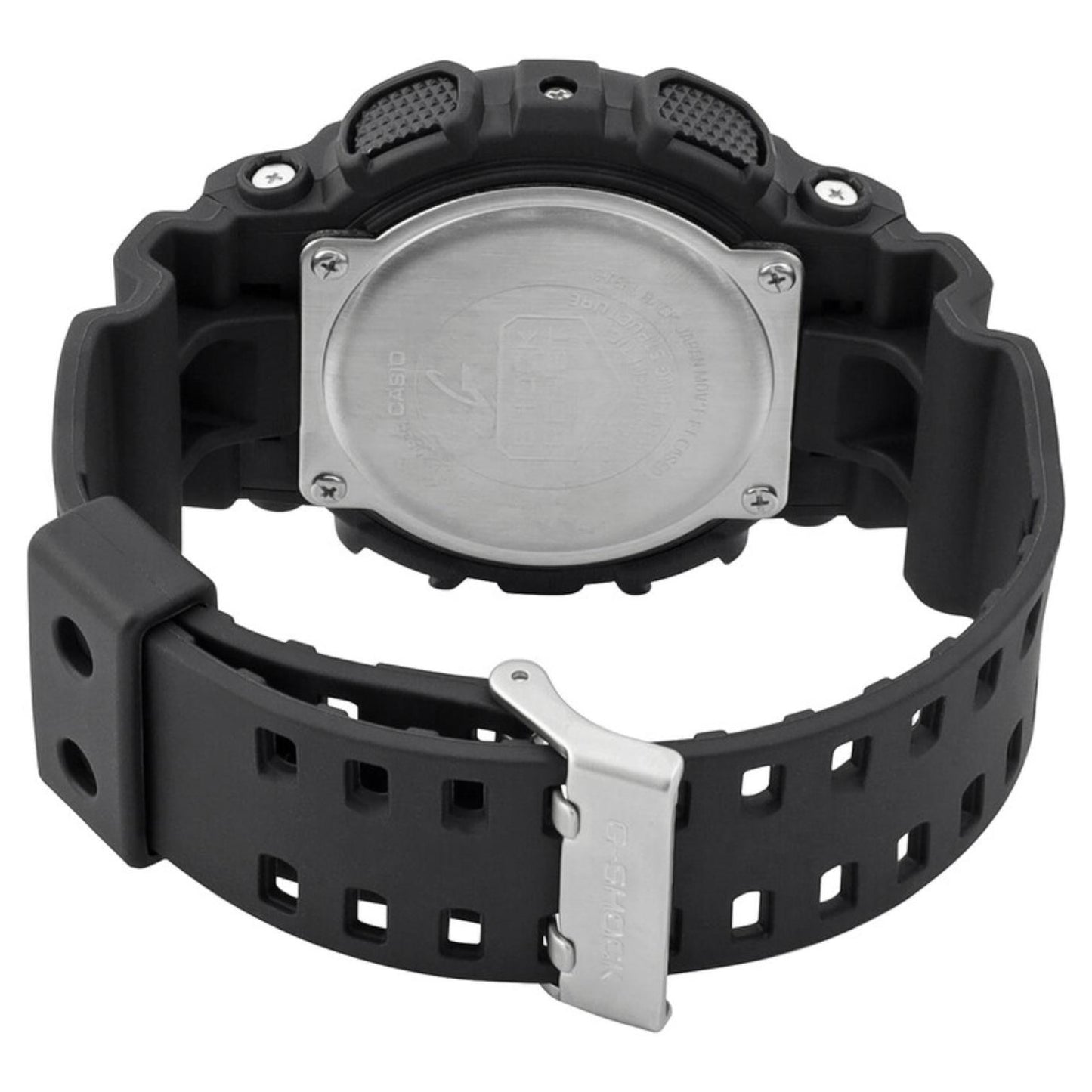 Rear view of the Casio G-Shock GA-100-1A1 showing the stainless steel caseback, black shock-resistant resin strap, and stainless steel buckle.