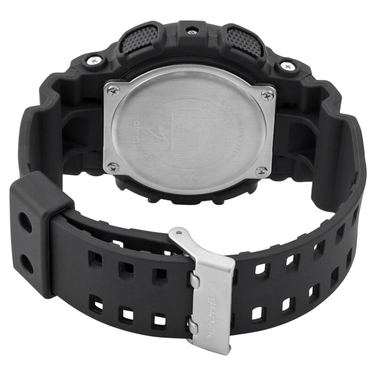 Rear view of the Casio G-Shock GA-100-1A1 showing the stainless steel caseback, black shock-resistant resin strap, and stainless steel buckle.