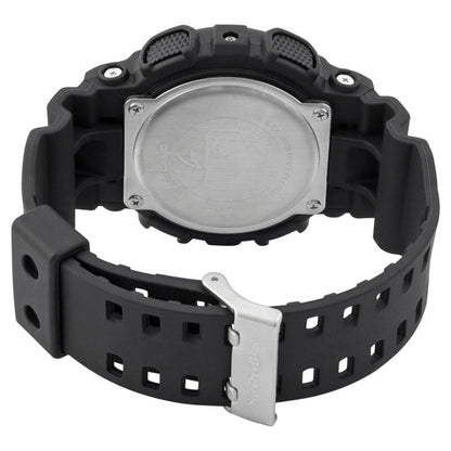 Rear view of the Casio G-Shock GA-100-1A1 showing the stainless steel caseback, black shock-resistant resin strap, and stainless steel buckle.