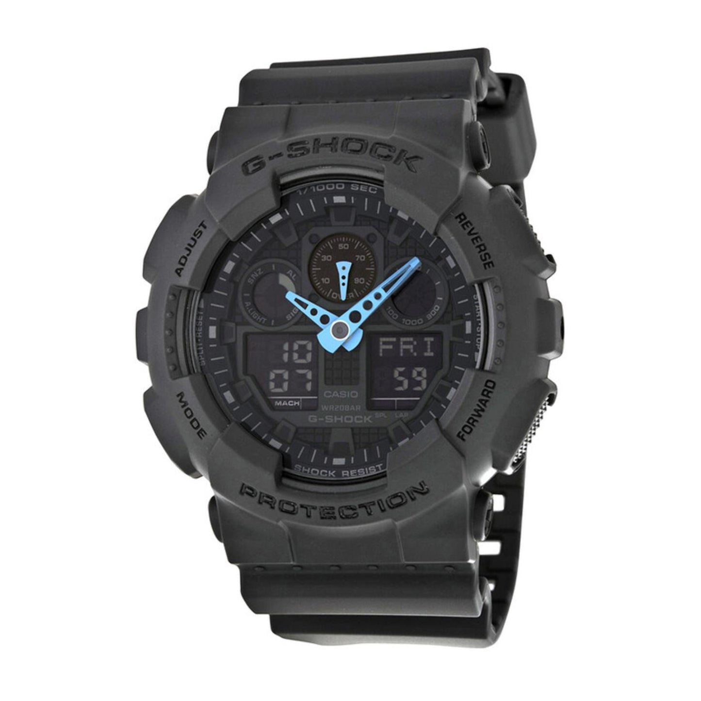 Casio G-Shock GA-100C-8A analog-digital watch featuring a gray resin case and strap, dark dial, blue hands, digital displays, and rugged shock-resistant design.