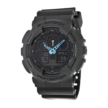 Casio G-Shock GA-100C-8A analog-digital watch featuring a gray resin case and strap, dark dial, blue hands, digital displays, and rugged shock-resistant design.